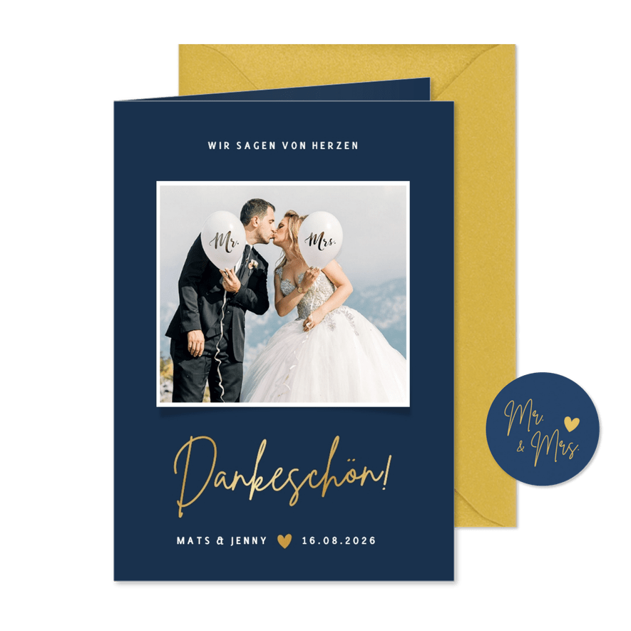 Dankeskarte mit Foto Hochzeit klassisch Dunkelblau - Kartenvorschau