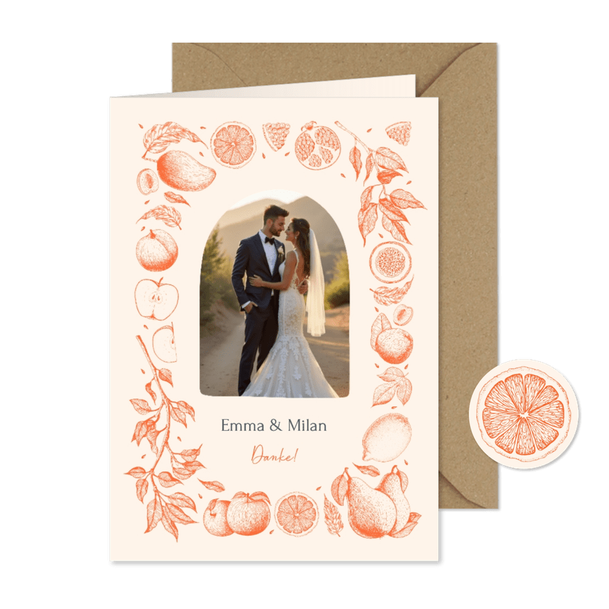 Dankeskarte mit Foto Sommerhochzeit Früchte Linienzeichnung - Karteneindruck