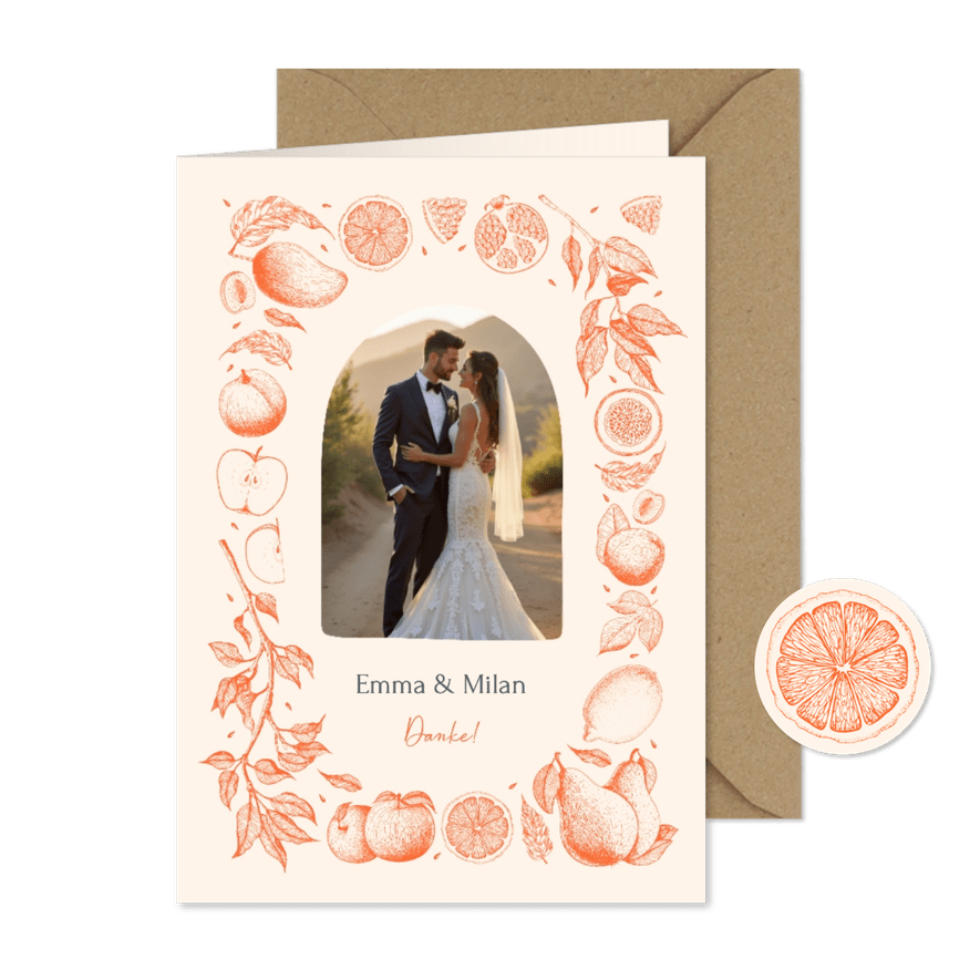 Dankeskarte mit Foto Sommerhochzeit Früchte Linienzeichnung - Kartenvorschau