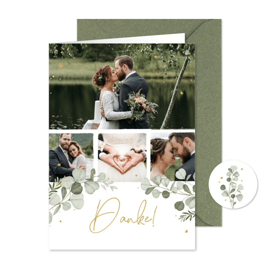 Dankeskarte mit Fotoserie Hochzeit Aquarellzweige - Kartenvorschau