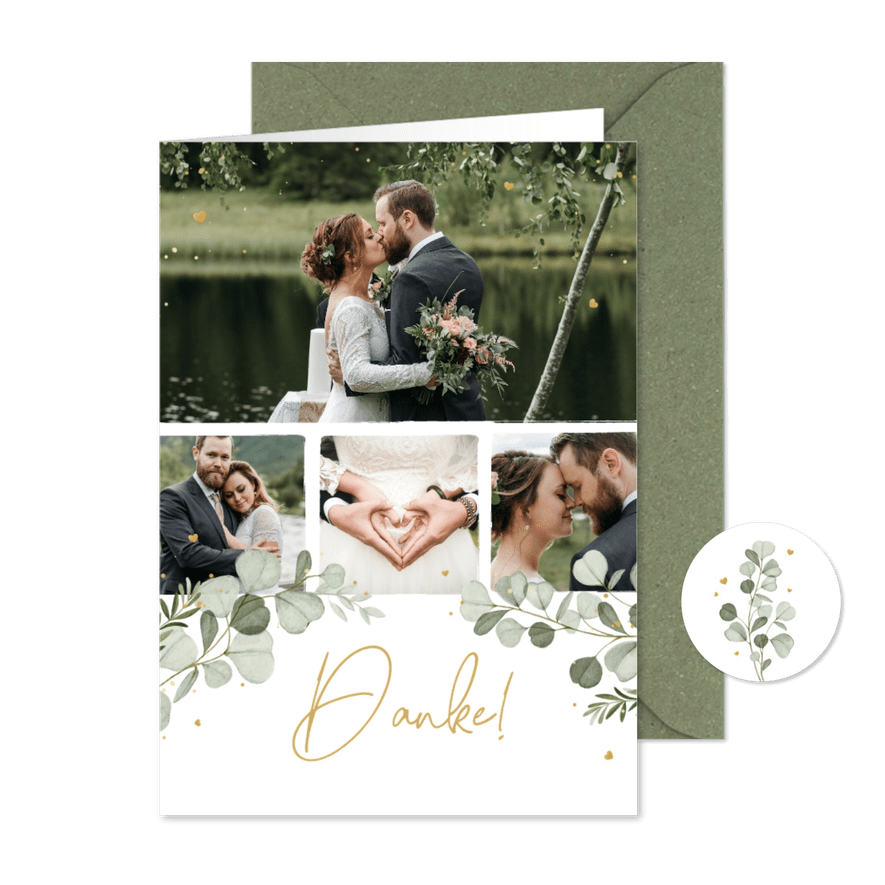 Dankeskarte mit Fotoserie Hochzeit Aquarellzweige - Karteneindruck
