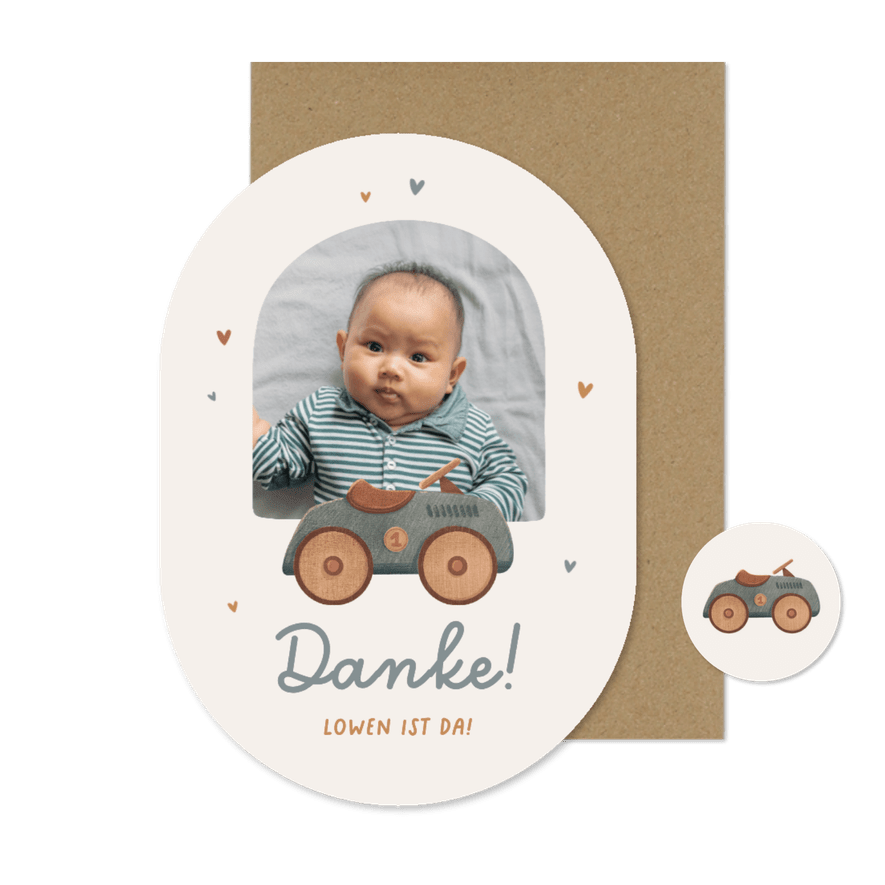 Dankeskarte oval Foto kleines Vintageauto - Kartenvorschau
