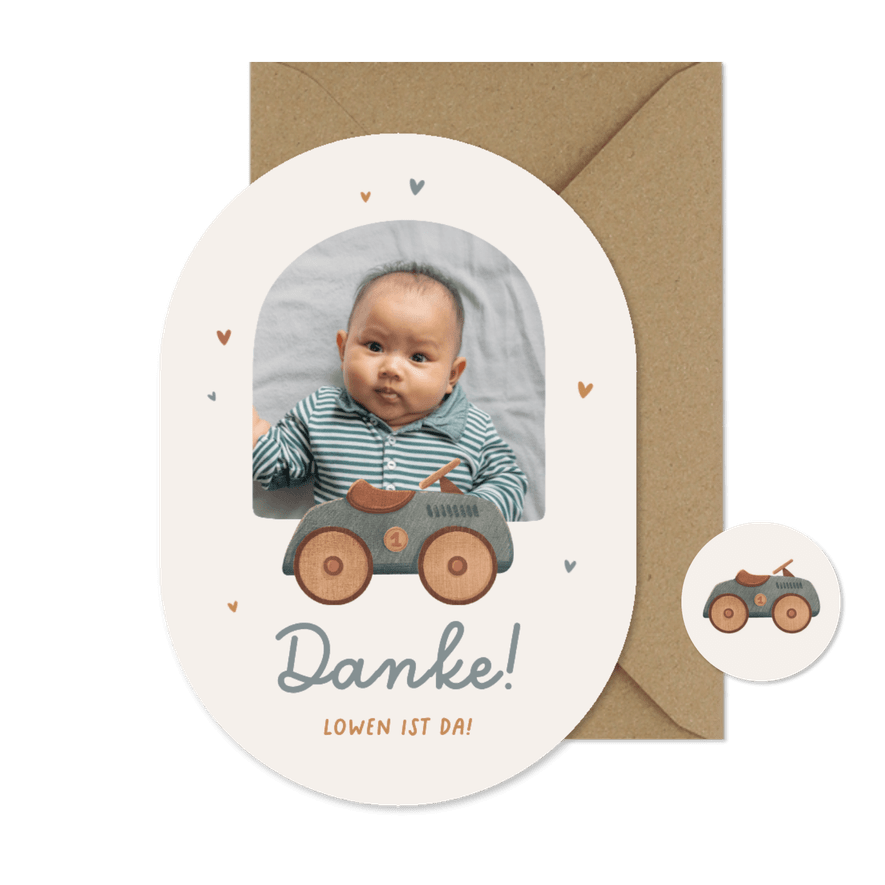 Dankeskarte oval Foto kleines Vintageauto - Kartenvorschau
