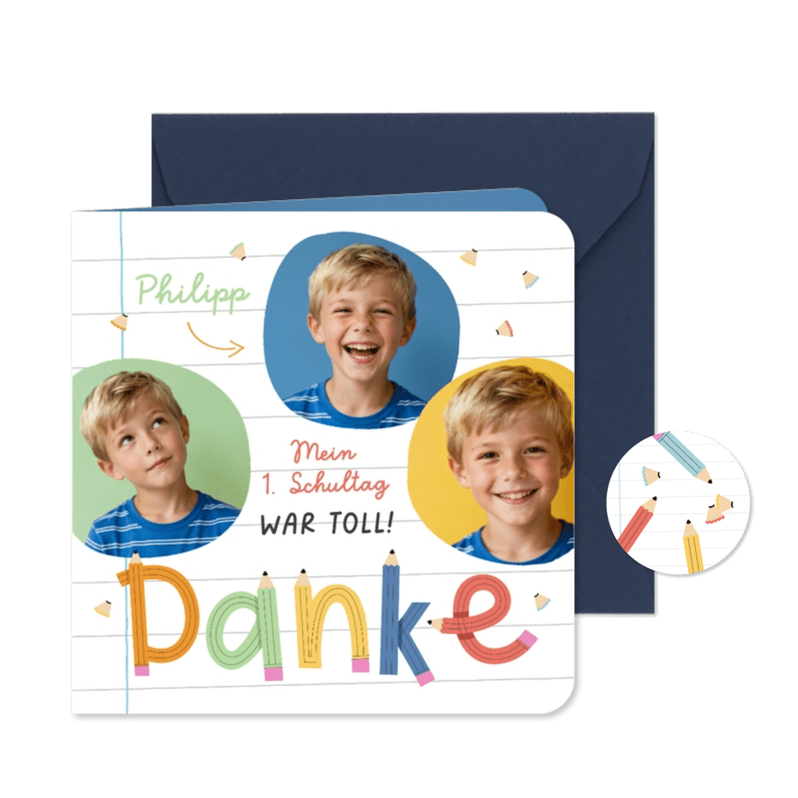 Dankeskarte Schulanfang Fotos & Bleistift-Schrift - Kartenvorschau