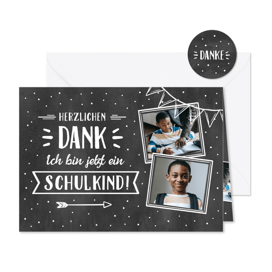 Dankeskarte Schulanfang Fotos & Kreidetafel - Kartenvorschau