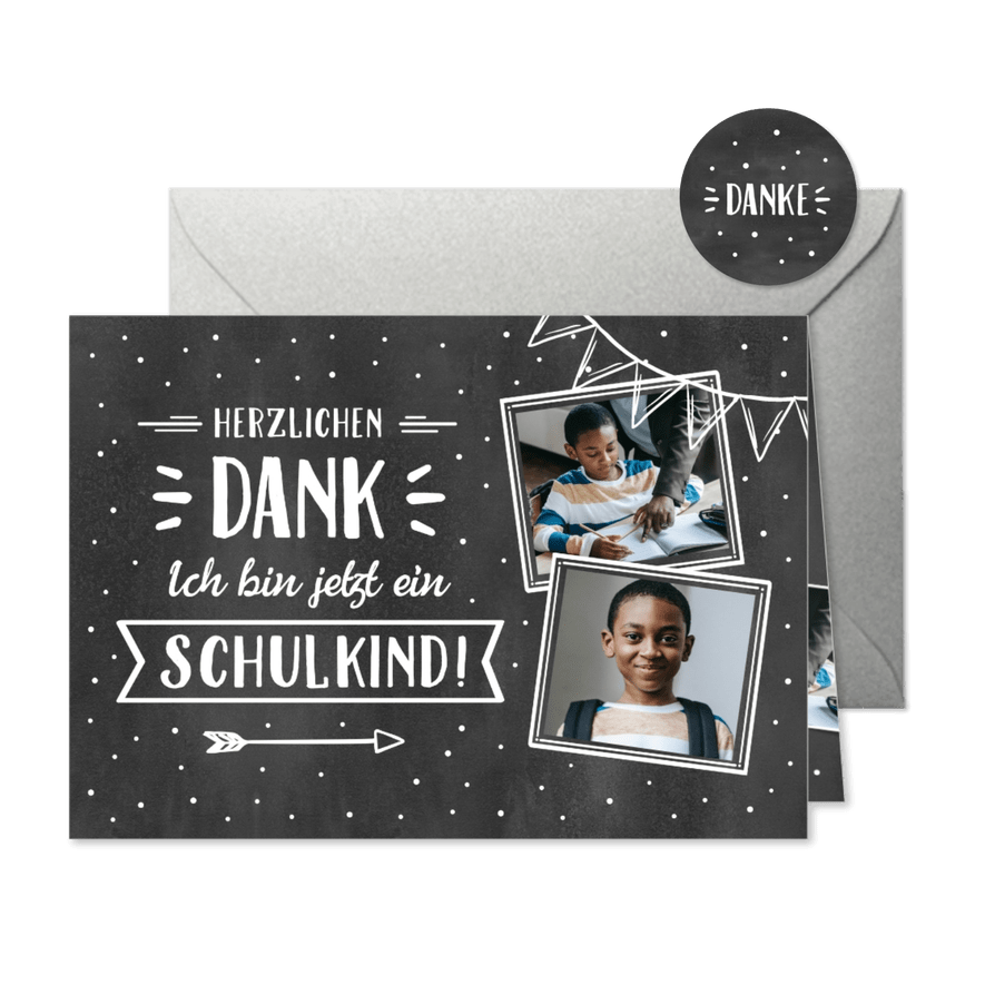 Dankeskarte Schulanfang Fotos & Kreidetafel - Karteneindruck
