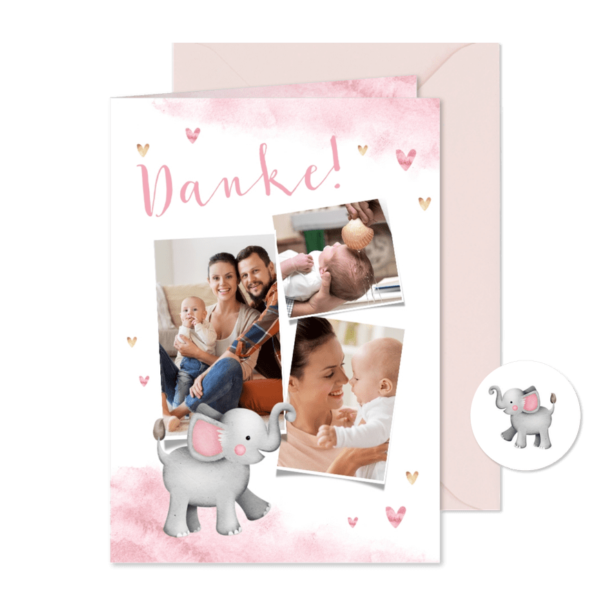 Dankeskarte Taufe Aquarell Fotos, Herzen und Elefant - Karteneindruck
