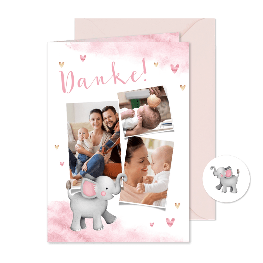 Dankeskarte Taufe Aquarell Fotos, Herzen und Elefant - Karteneindruck