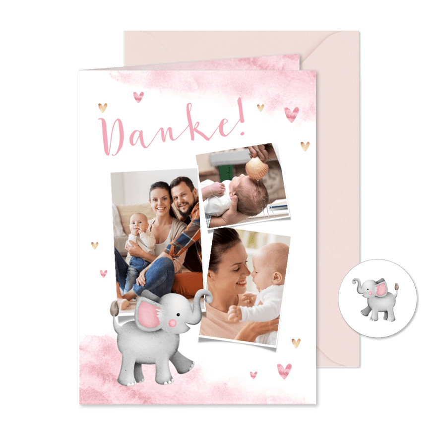 Dankeskarte Taufe Aquarell Fotos, Herzen und Elefant - Karteneindruck