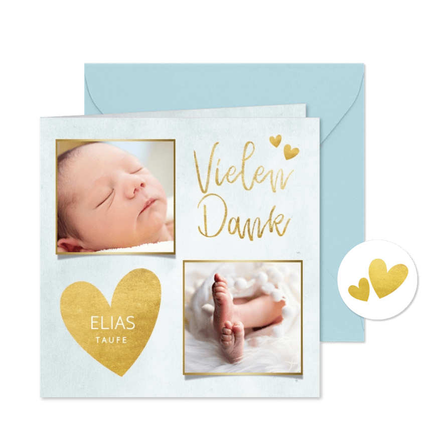 Dankeskarte Taufe blau Fotos & Goldherzen - Karteneindruck
