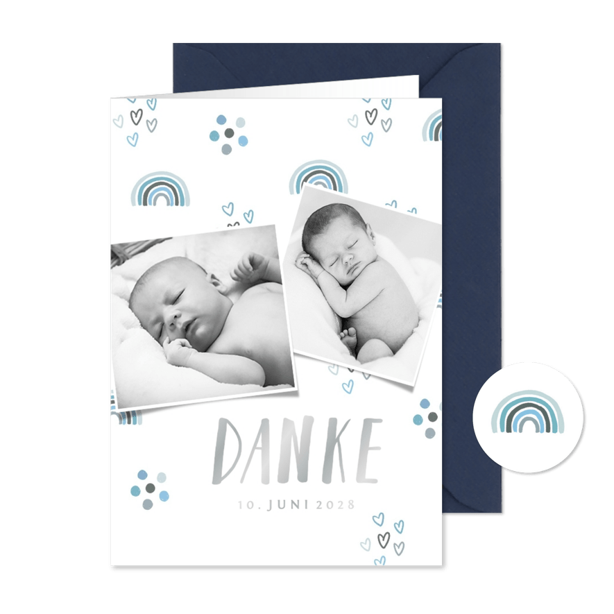 Dankeskarte Taufe blau Regenbogen und Fotos - Karteneindruck
