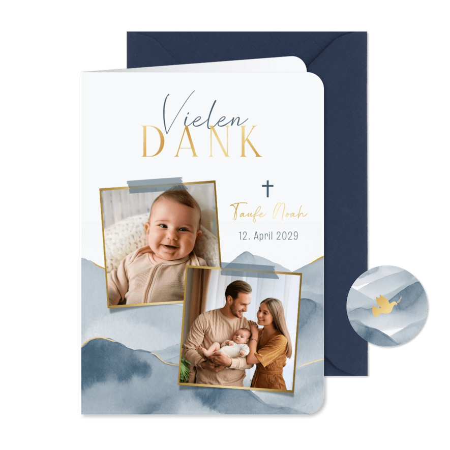Dankeskarte Taufe blaue Berge Aquarell - Karteneindruck