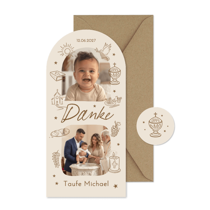 Dankeskarte Taufe Bogen Doodles Fotocollage - Kartenvorschau