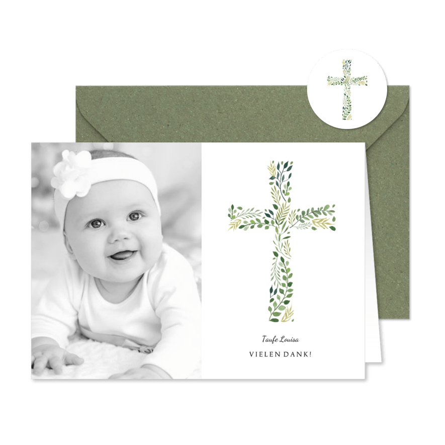 Dankeskarte Taufe botanisches Kreuz und Foto - Karteneindruck
