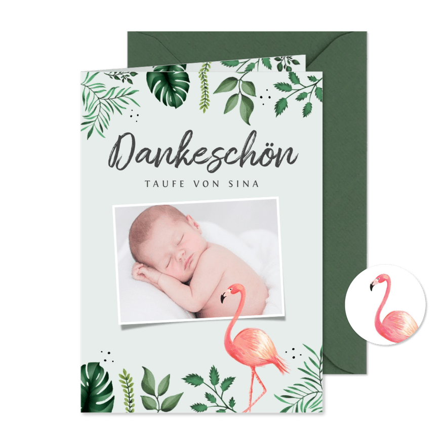 Dankeskarte Taufe Foto, Flamingos und Blätter - Karteneindruck

