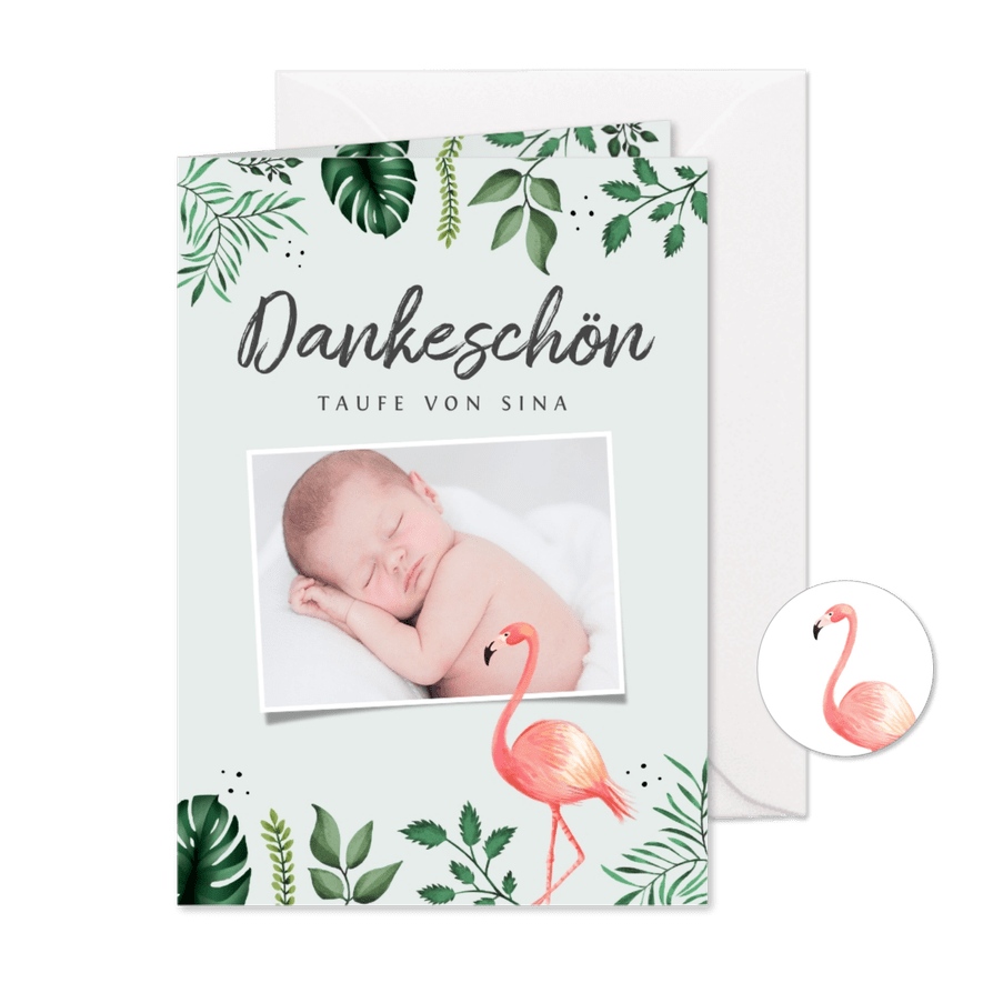 Dankeskarte Taufe Foto, Flamingos und Blätter - Karteneindruck
