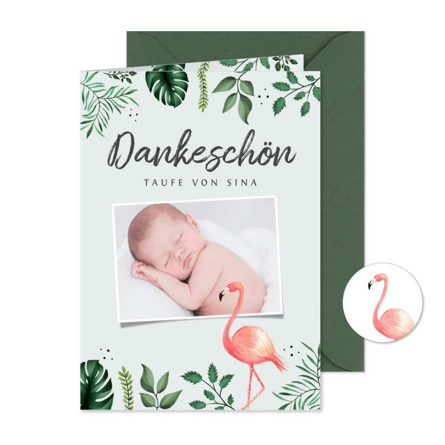 Dankeskarte Taufe Foto, Flamingos und Blätter - Karteneindruck