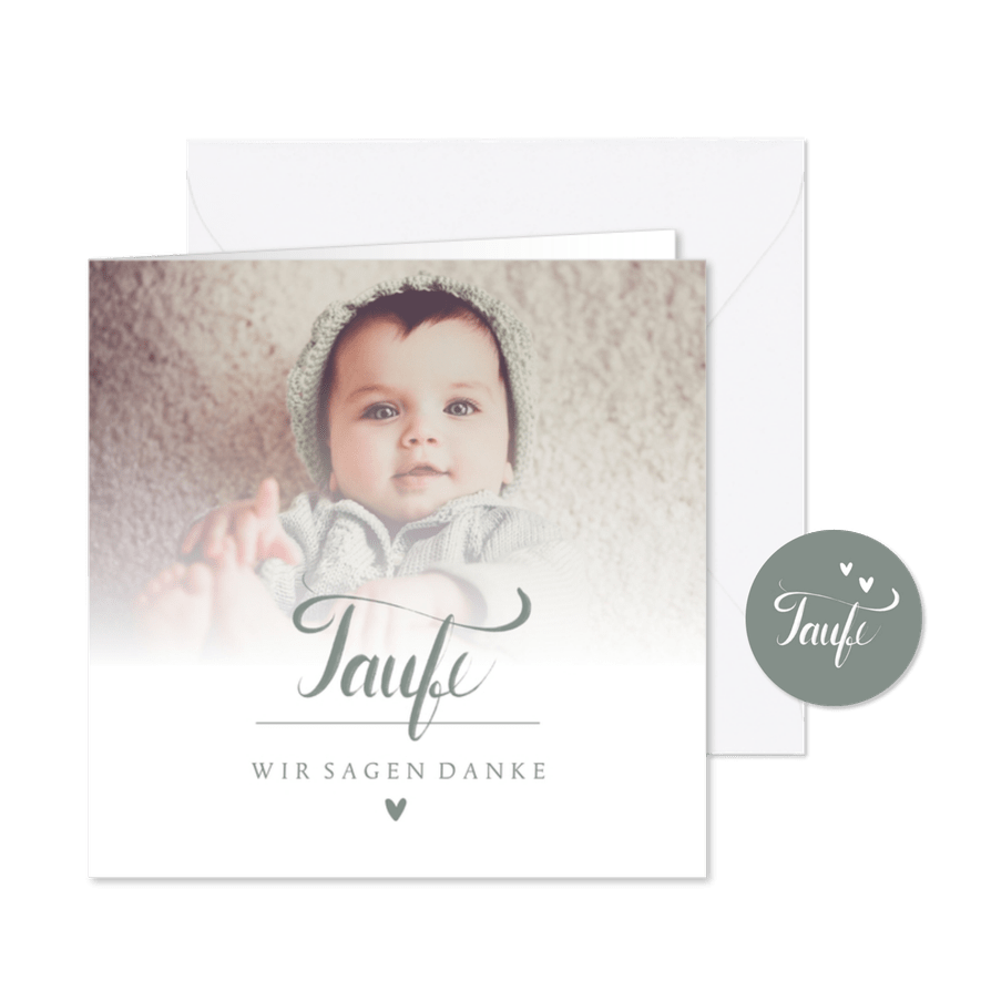 Dankeskarte Taufe Foto & Schreibschrift graugrün - Karteneindruck