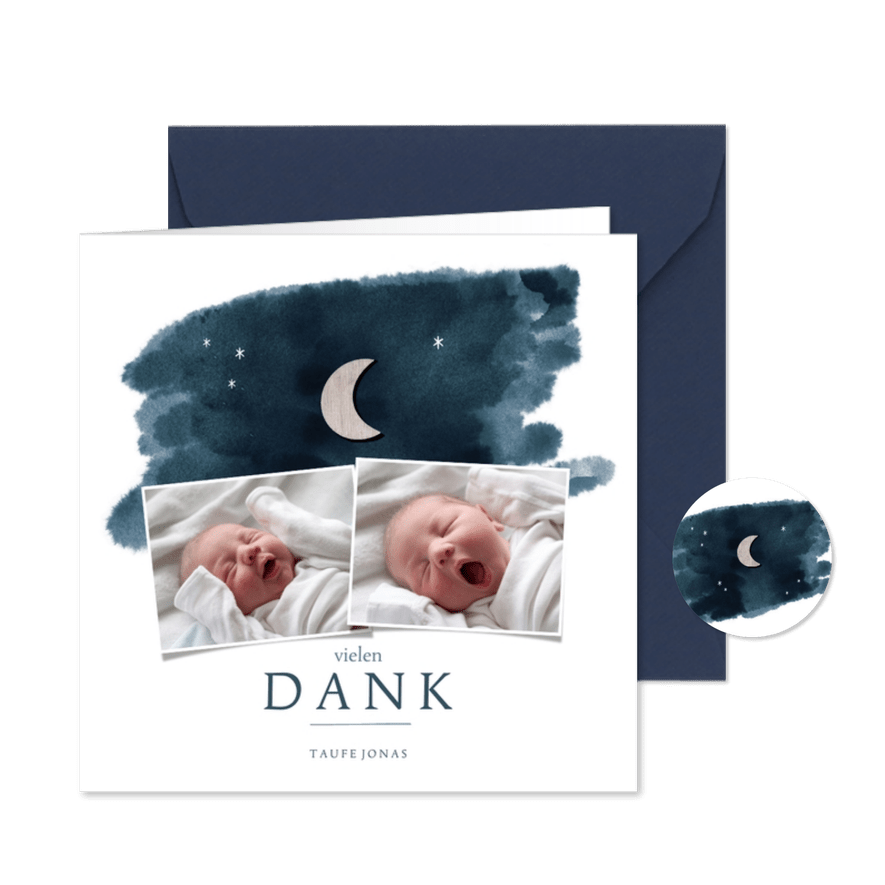 Dankeskarte Taufe Fotocollage Mond & Sternenhimmel - Karteneindruck
