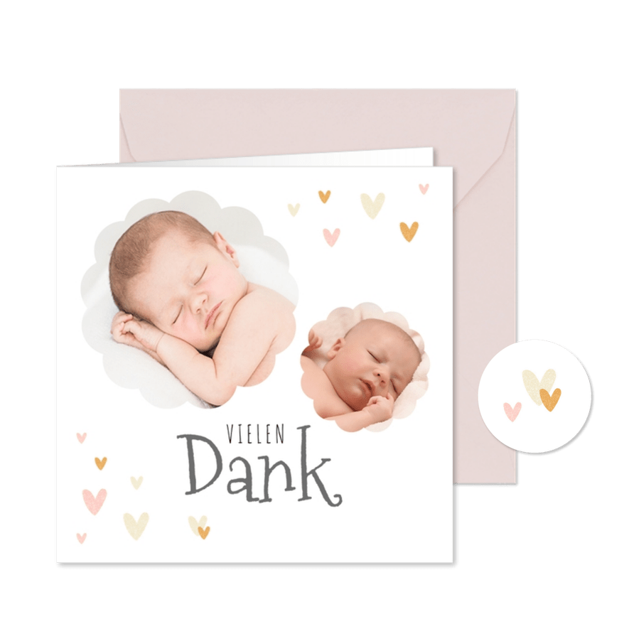 Dankeskarte Taufe Fotos und kleine Herzen - Karteneindruck