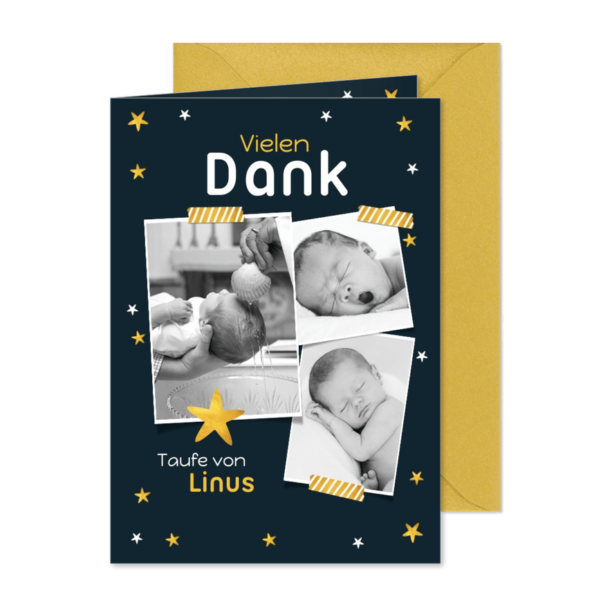 Dankeskarte Taufe Fotos und Sterne - Karteneindruck