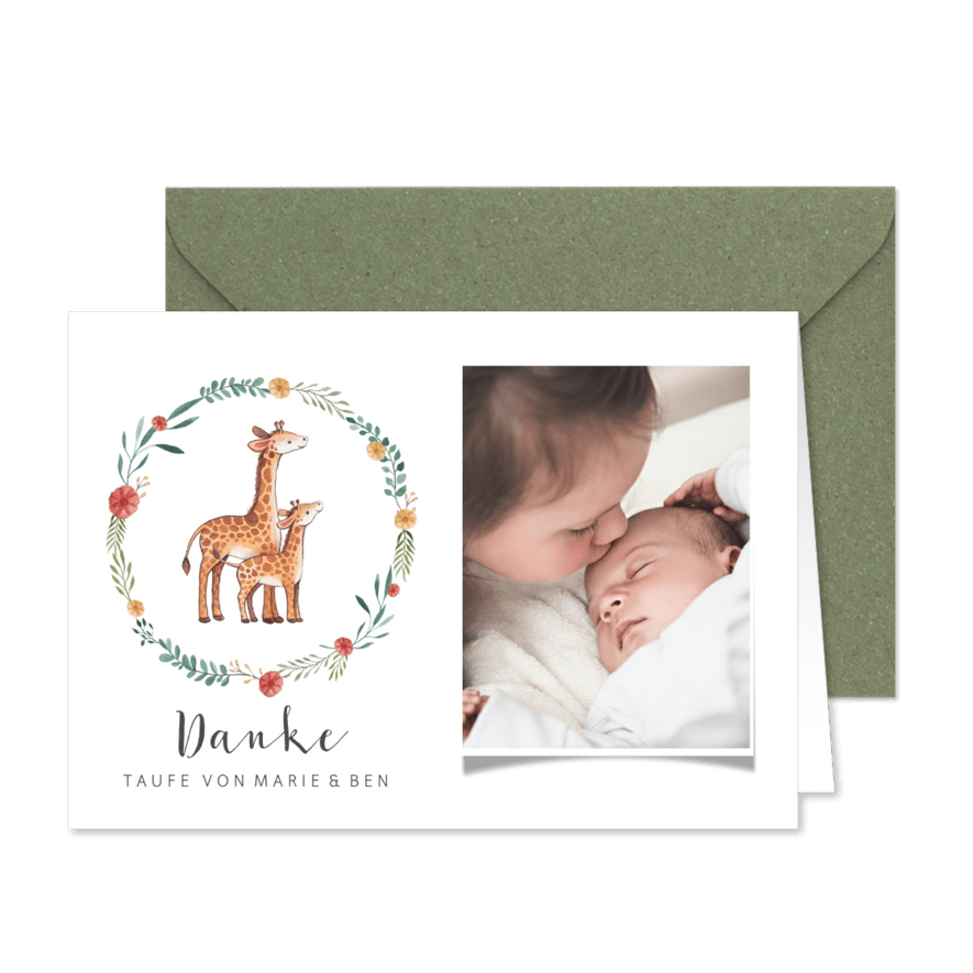 Dankeskarte Taufe Geschwister Giraffen im Blumenkranz - Karteneindruck
