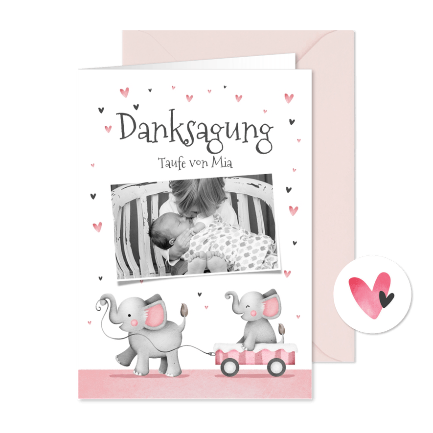 Dankeskarte Taufe kleine Schwester Elefanten und Herzen - Karteneindruck
