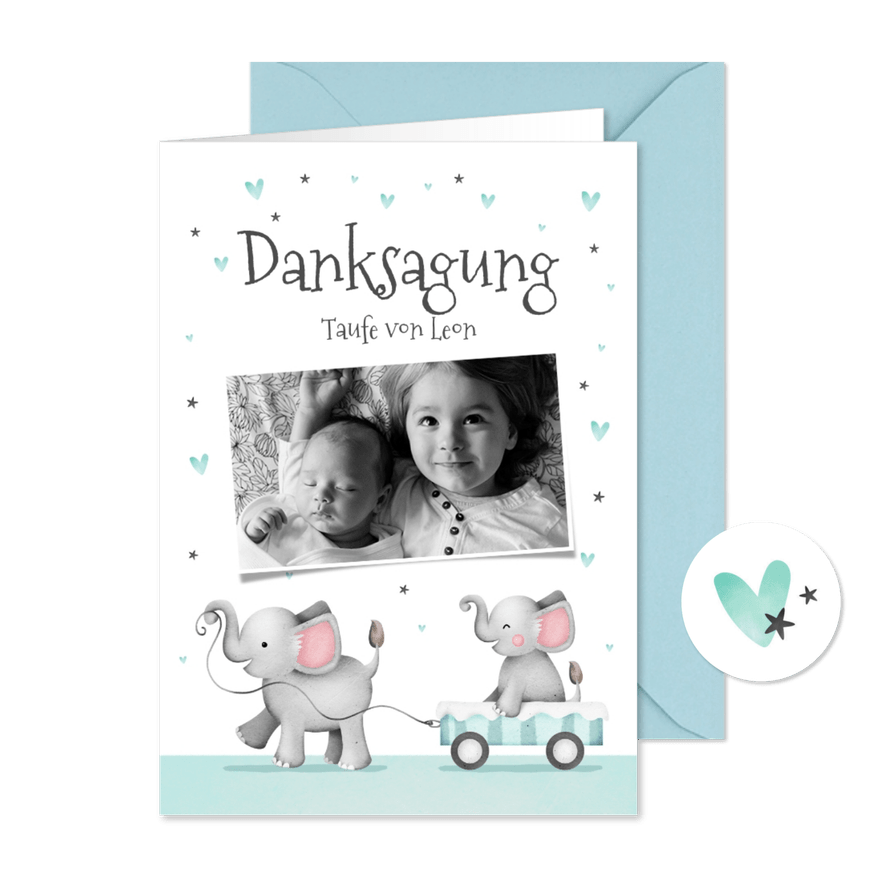 Dankeskarte Taufe kleiner Bruder Elefanten und Herzen - Karteneindruck
