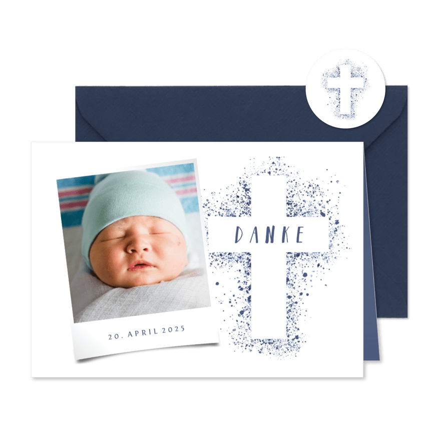 Dankeskarte Taufe Kreuz blau Spritztechnik Foto - Karteneindruck
