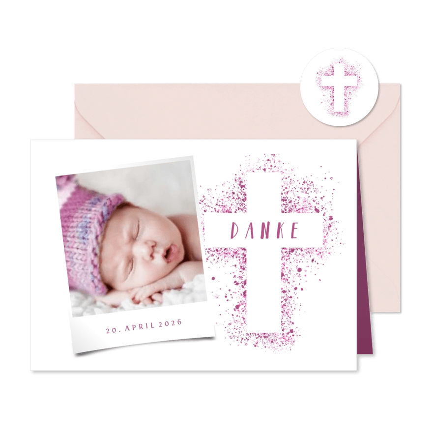 Dankeskarte Taufe Kreuz pink Spritztechnik Foto - Kartenvorschau