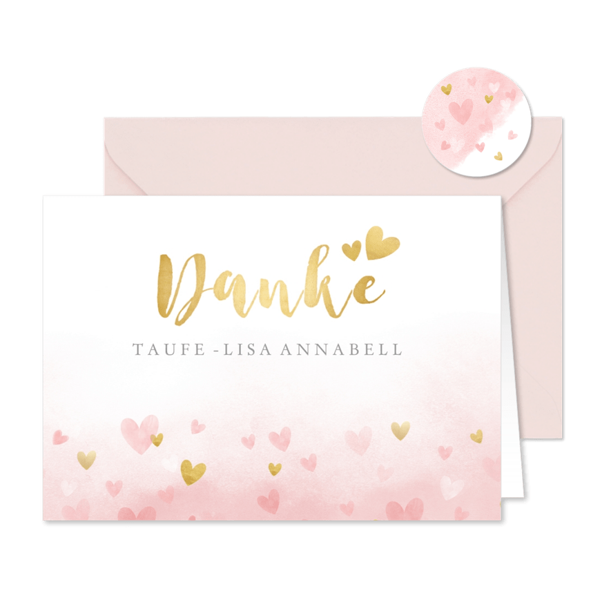 Dankeskarte Taufe mit Herzen auf Aquarell - Karteneindruck