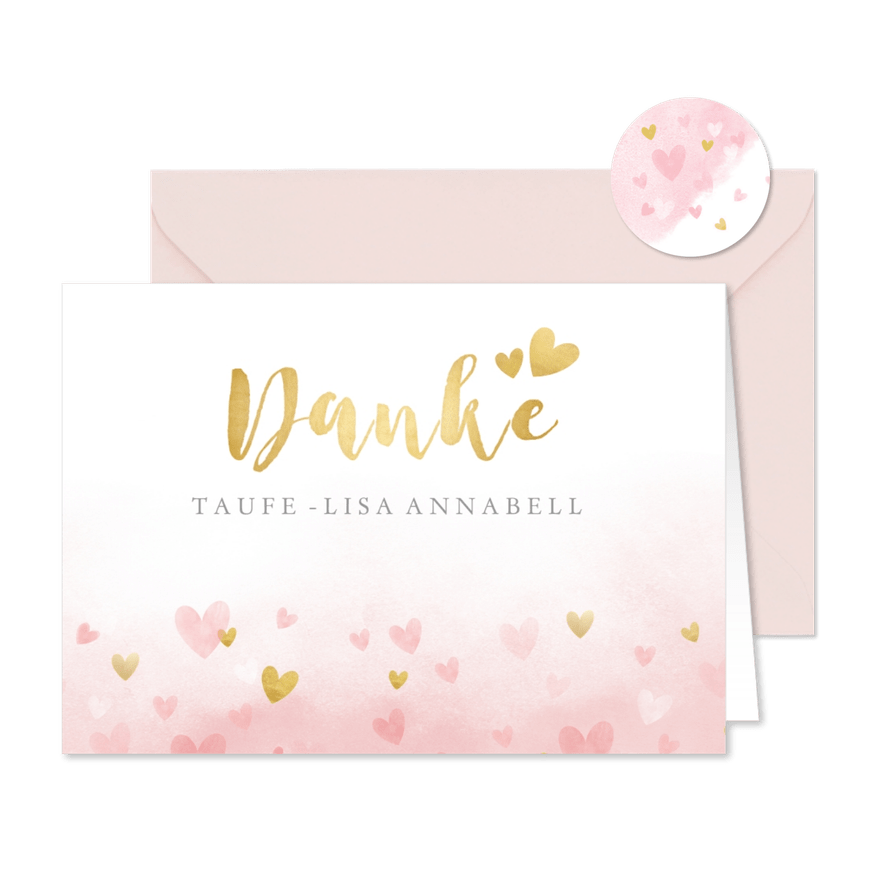 Dankeskarte Taufe mit Herzen auf Aquarell - Kartenvorschau