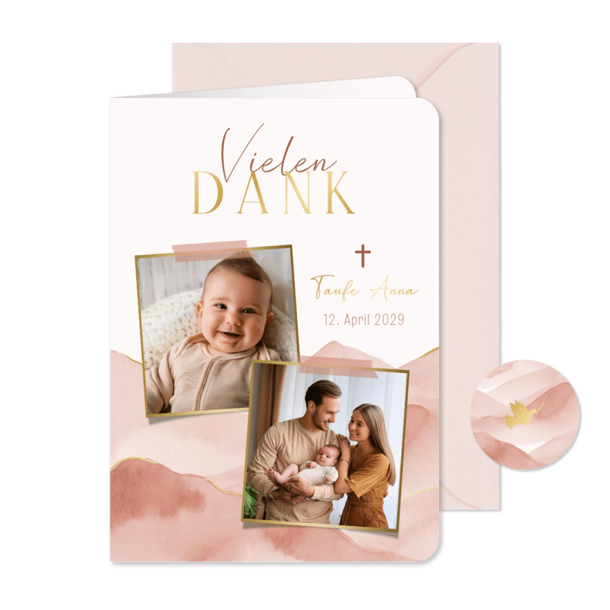 Dankeskarte Taufe rosa Berge Aquarell - Karteneindruck
