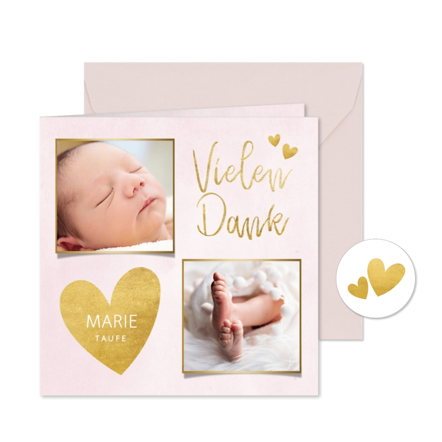 Dankeskarte Taufe rosa Fotos & Goldherzen - Karteneindruck