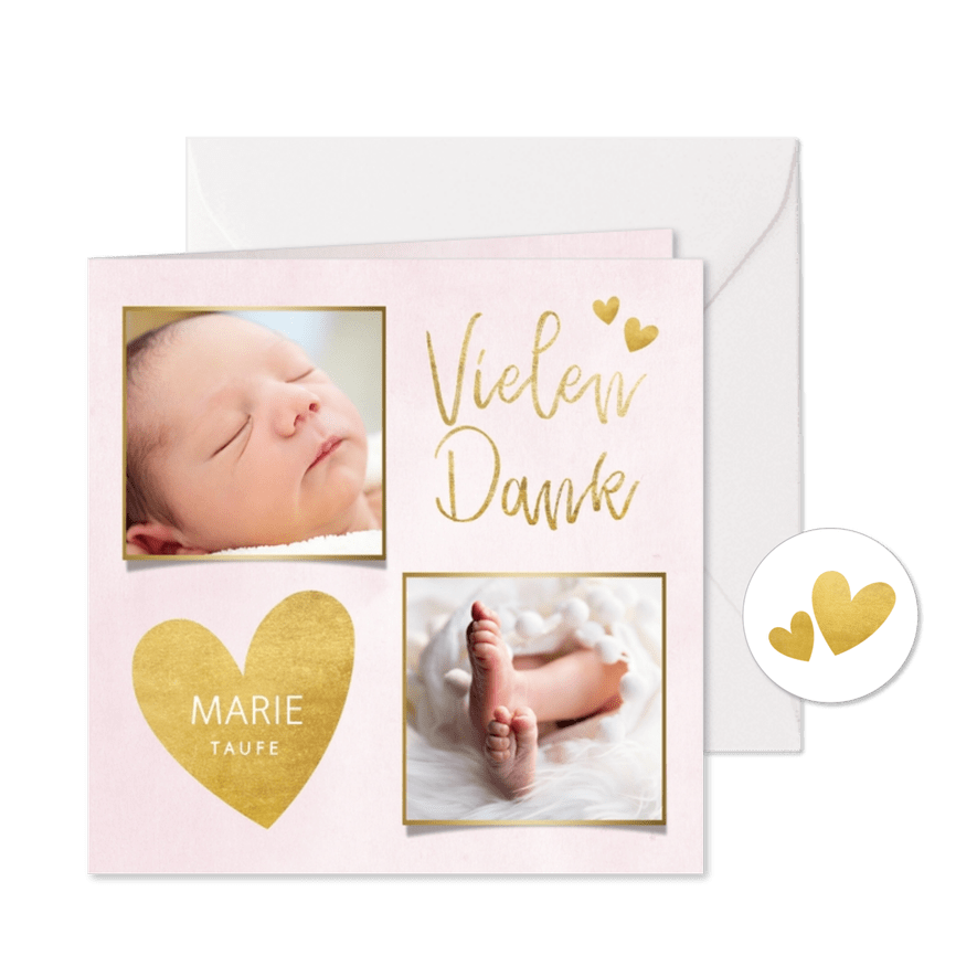 Dankeskarte Taufe rosa Fotos & Goldherzen - Karteneindruck