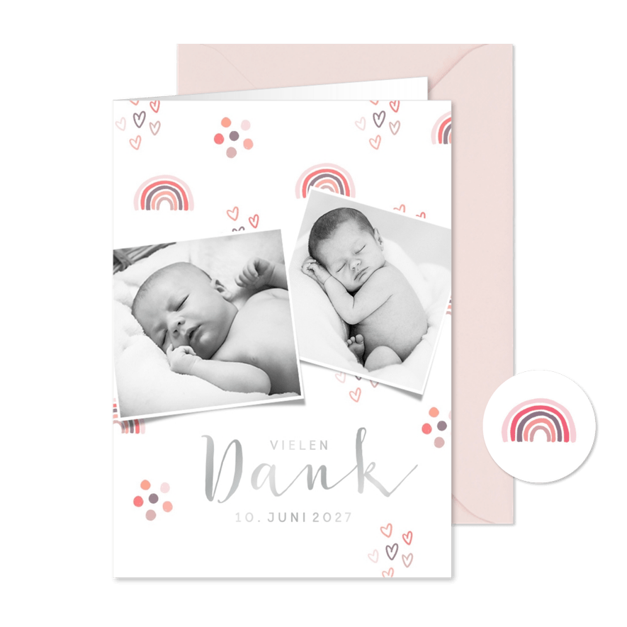 Dankeskarte Taufe rosa Regenbogen und Fotos - Karteneindruck
