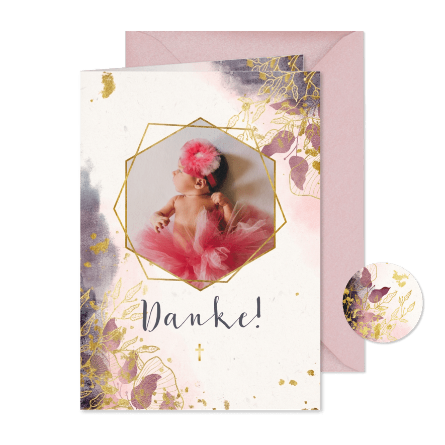 Dankeskarte Taufe Watercolour rosa botanisch - Karteneindruck
