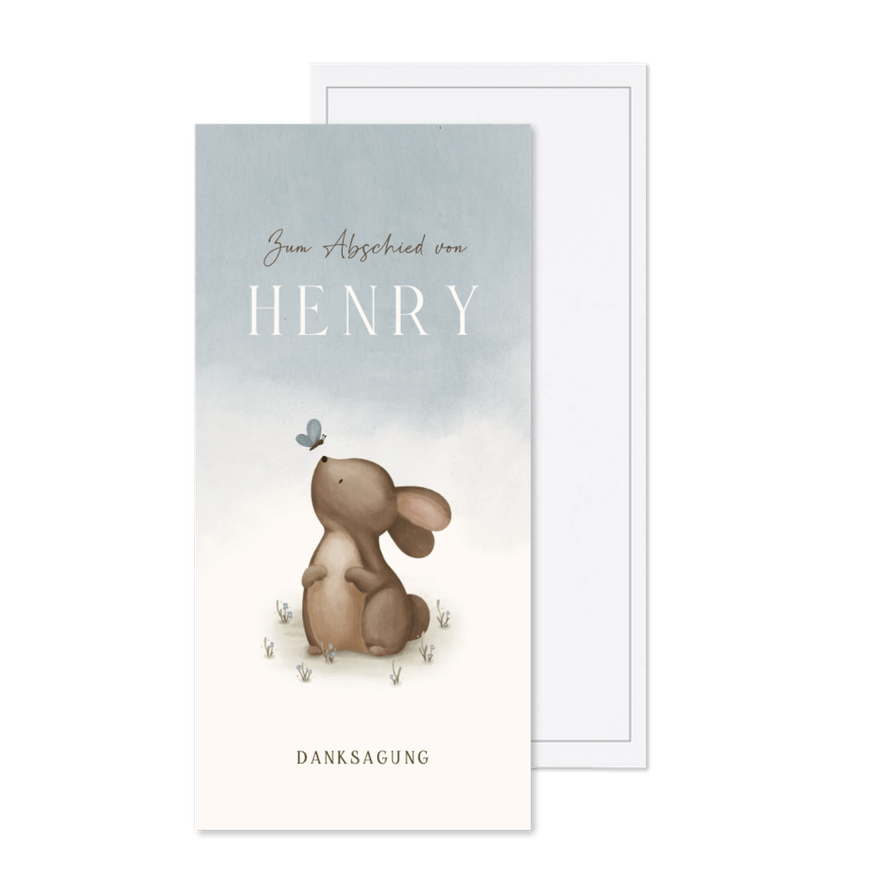 Dankeskarte Trauer Aquarell blau Kaninchen mit Schmetterling - Karteneindruck
