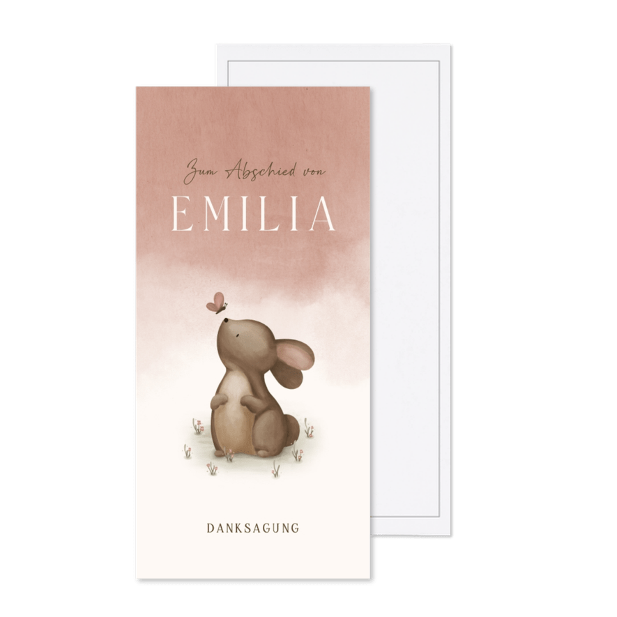 Dankeskarte Trauer Aquarell rosé Kaninchen mit Schmetterling - Karteneindruck
