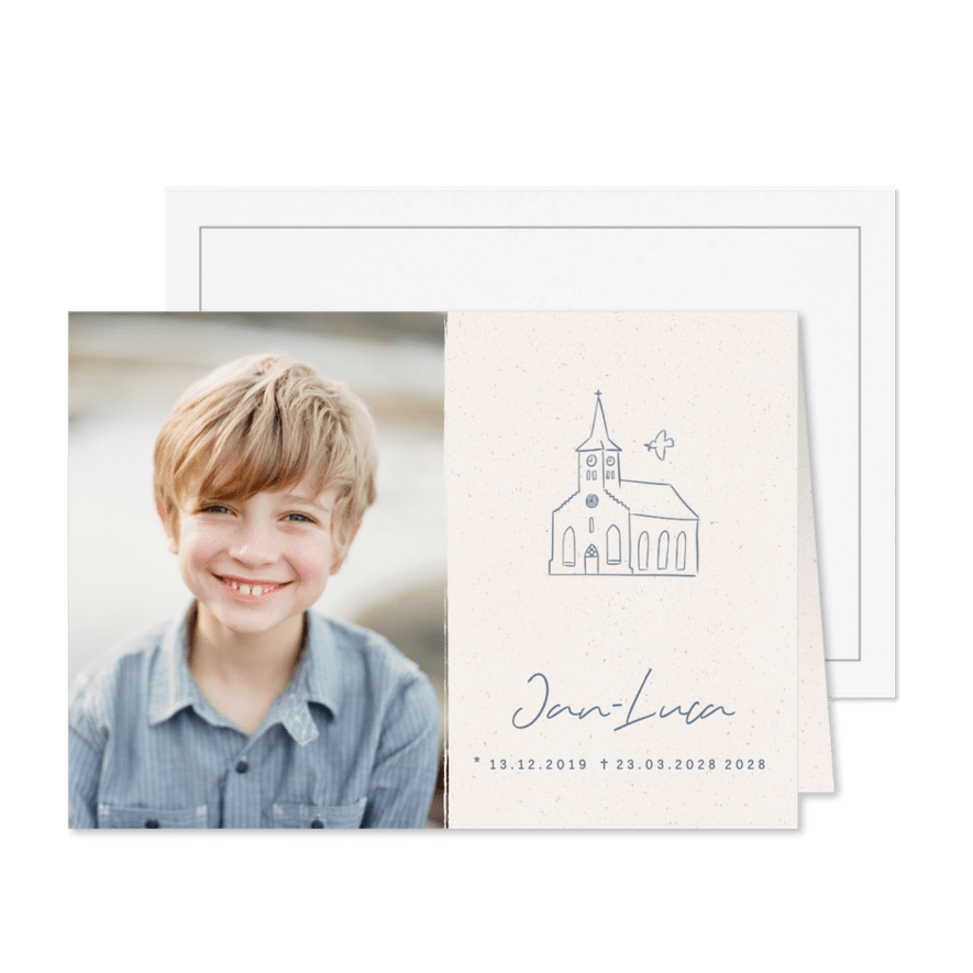 Dankeskarte Trauer mit Foto, Kirche und Friedenstaube - Karteneindruck
