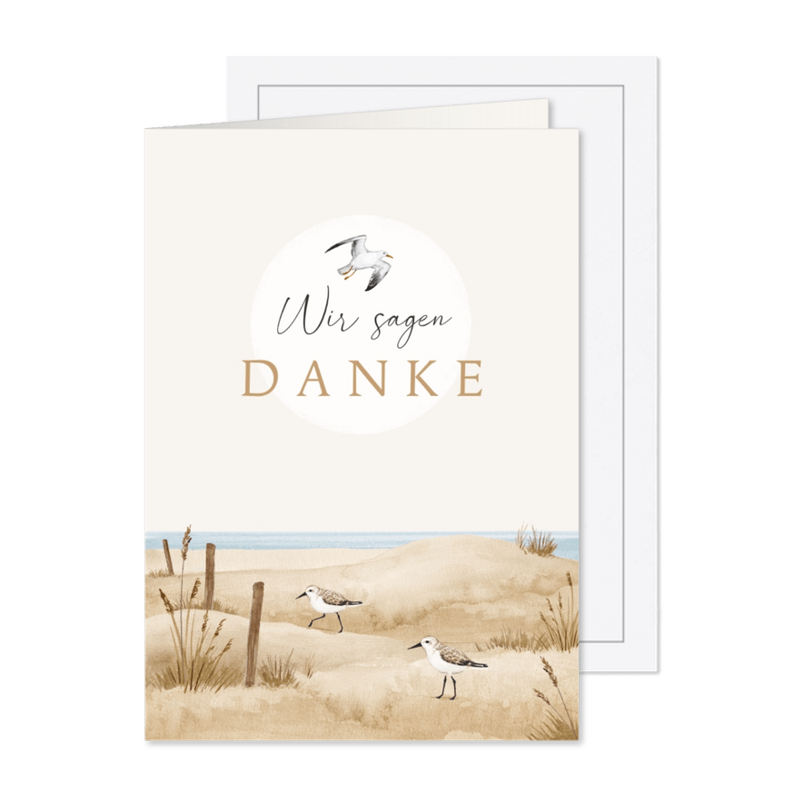Dankeskarte Trauer Sanddünen mit Möwen - Karteneindruck
