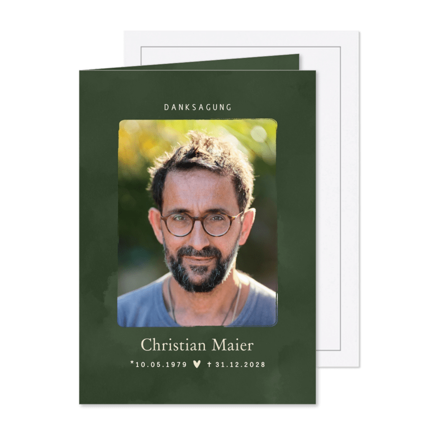 Dankeskarte Trauer schlicht dunkelgrün mit Foto - Karteneindruck