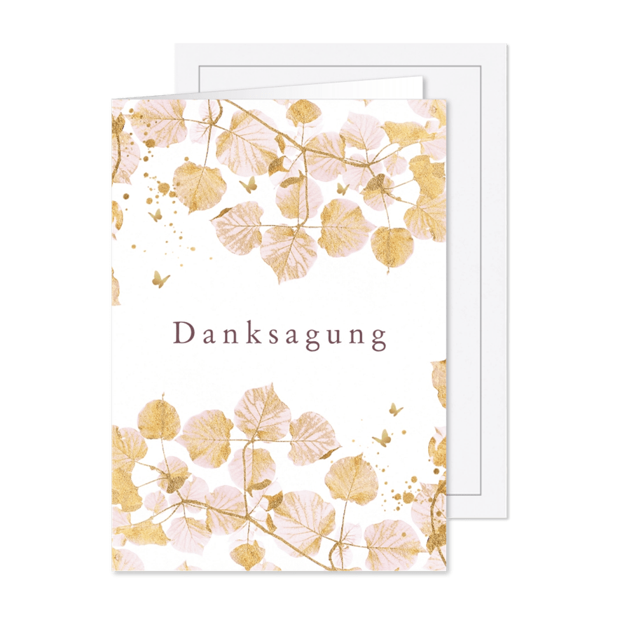 Dankeskarte Trauer zarte Ginkgoblätter& Goldlook - Karteneindruck