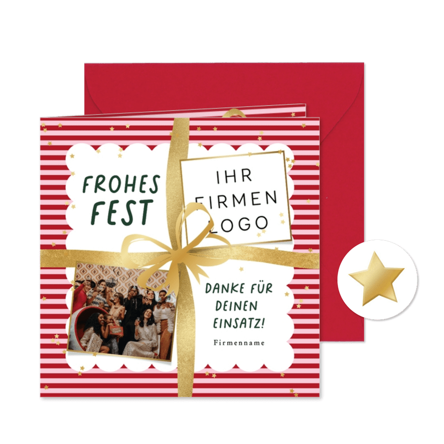 Dankeskarte Weihnachten Foto & Logo Geschenk gestreift - Karteneindruck
