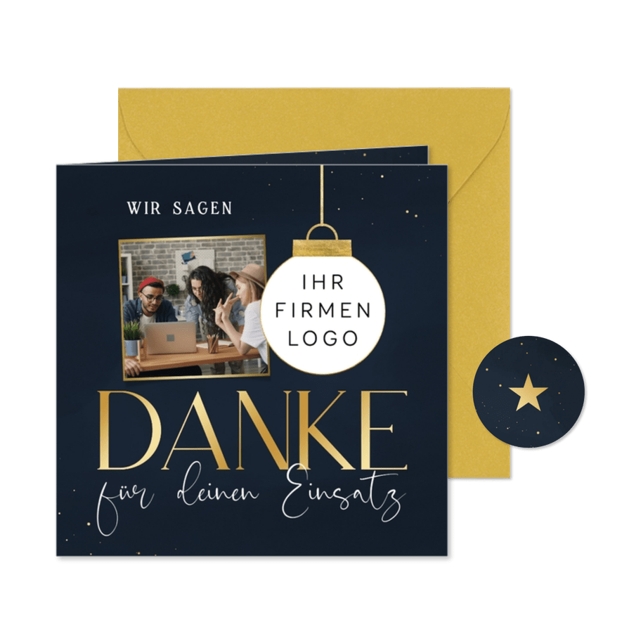 Dankeskarte Weihnachten Geschäftslogo in Weihnachtskugel - Karteneindruck