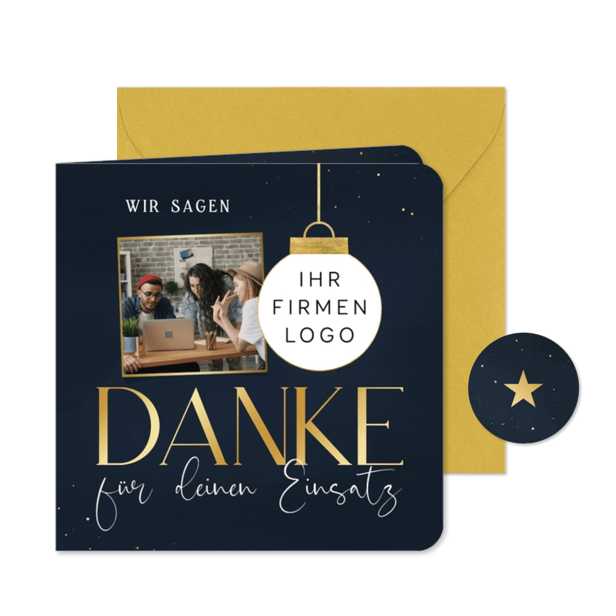 Dankeskarte Weihnachten Geschäftslogo in Weihnachtskugel - Karteneindruck