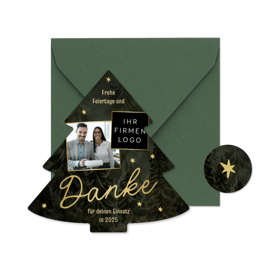 Dankeskarte Weihnachtsbaum Sterne Foto und Logo  - Karteneindruck
