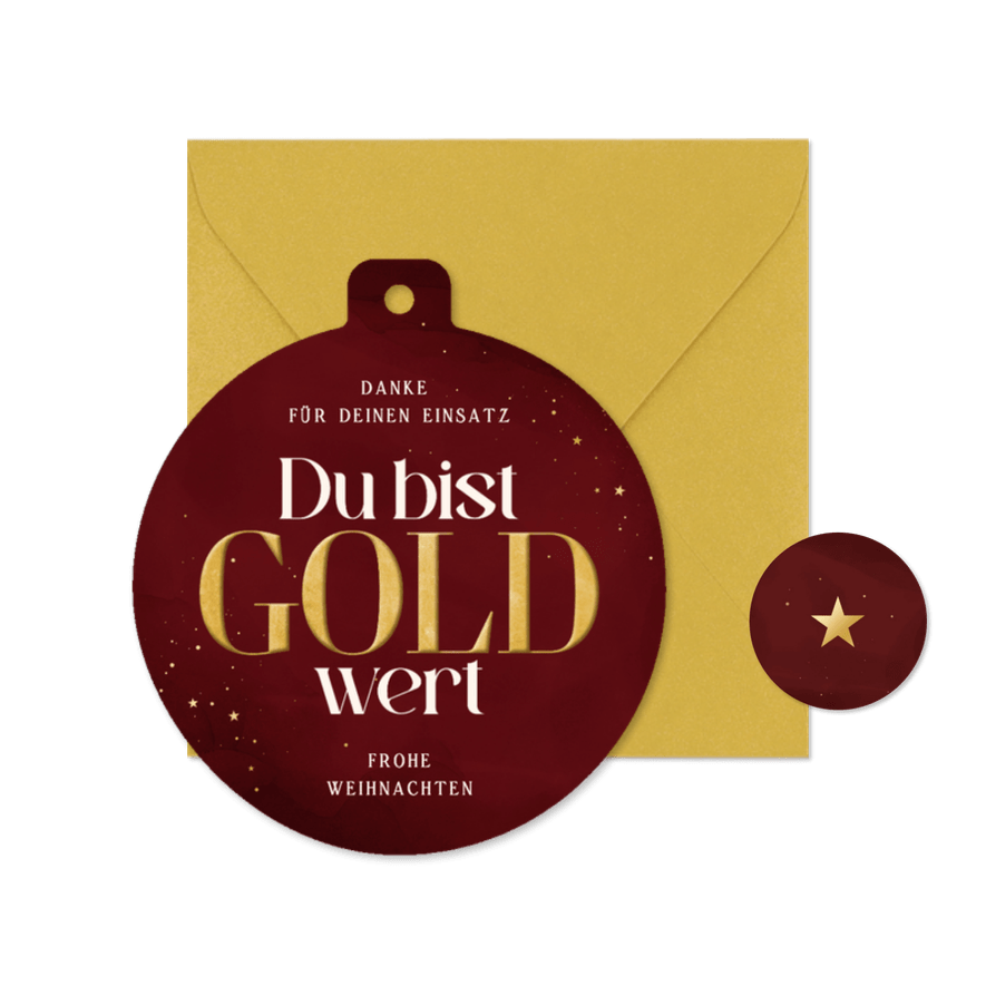 Dankeskarte Weihnachtskugel rot 'Du bist Gold wert' - Karteneindruck

