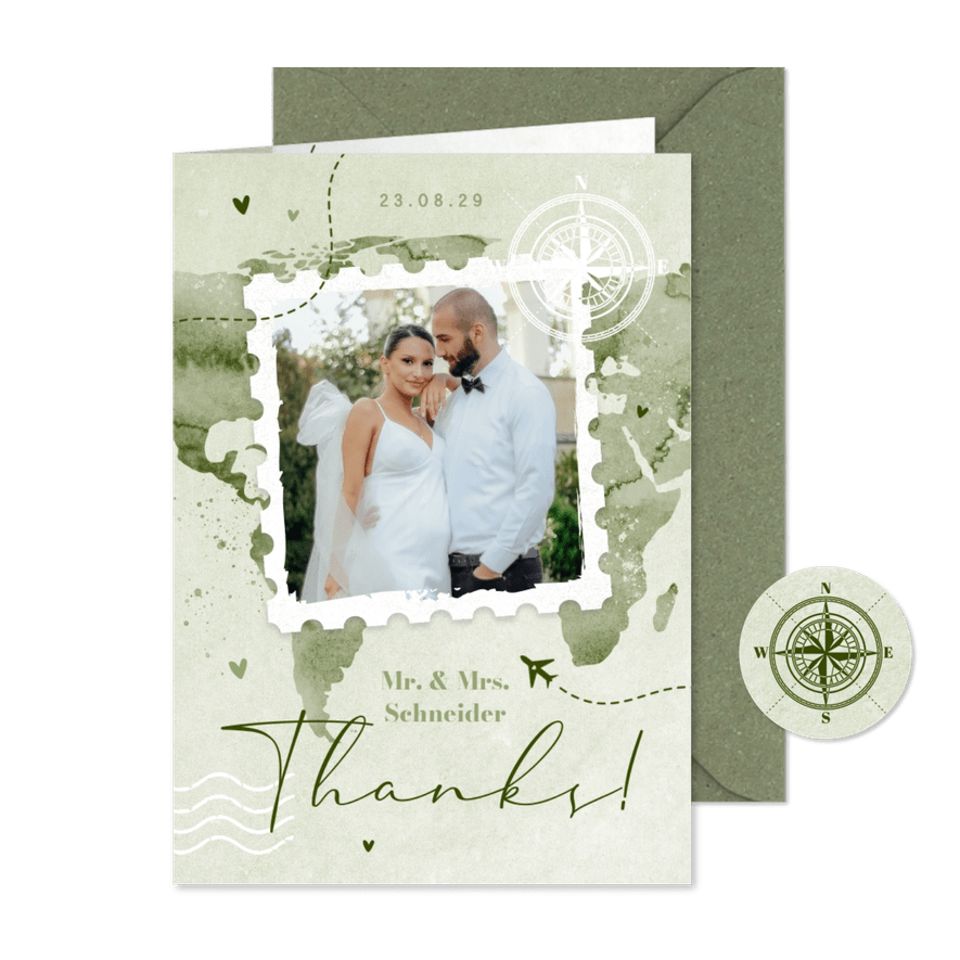 Dankeskarte Weltkarte, Kompass & Foto - Karteneindruck
