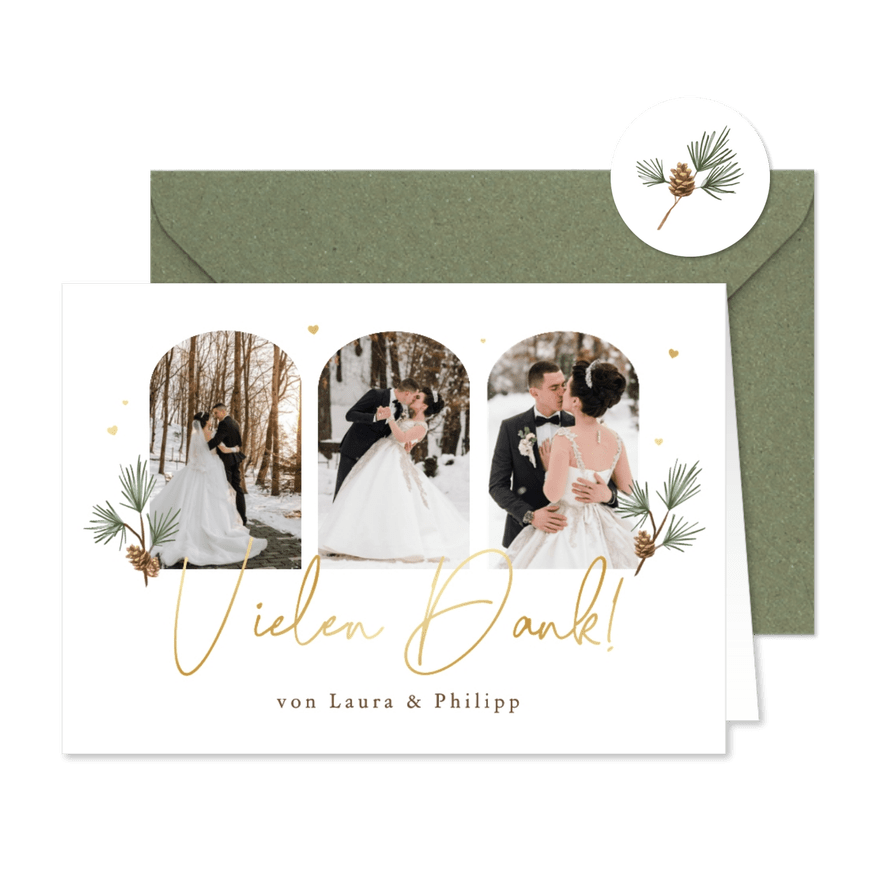 Dankeskarte Winter Hochzeit Tannenzweige mit Foto - Karteneindruck